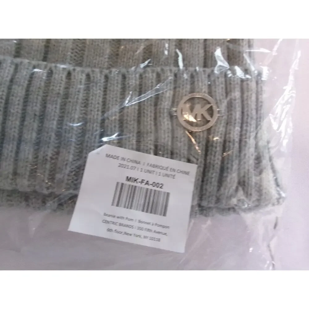 Michael Kors Women's Gray Ribbed Knit Pom Pom Beanie Hat Logo NWT